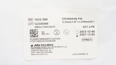MicroAire 1632-509 Steinmann Pin 1/8inch x 9inch - Pack of 6
